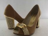 Sapato Peep Toe Salto Grosso Bege c/Dourado