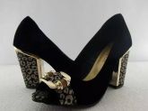 Sapato Peep Toe Salto Grosso Preto c/Dourado